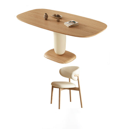 Traditional Japanese Elliptical Ash Wood Oaken Faux Leather Dining Table & Chair Set For 4/6 Seats