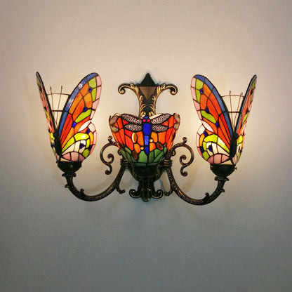 Traditional Tiffany European Butterfly Stained Glass 3-Light Wall Sconce Lamp For Hallway