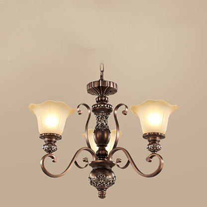 Traditional Vintage Bronze Finish Frame Glass Shade 1/3/5-Light Chandelier For Living Room
