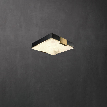 Traditional Chinese Square Marble Shade Brass Frame LED Flush Mount Ceiling Light For Living Room