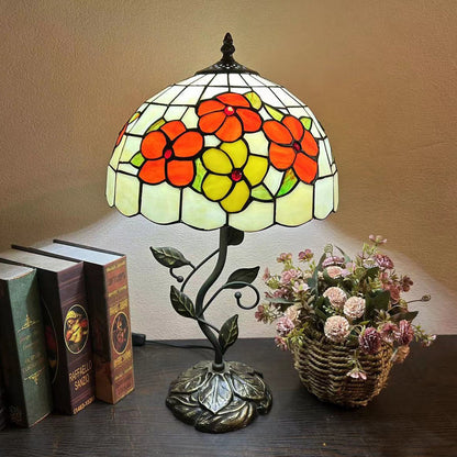 Traditional Tiffany Resin Glass Dome Conic Flower Leaf 1-Light Table Lamp For Bedside