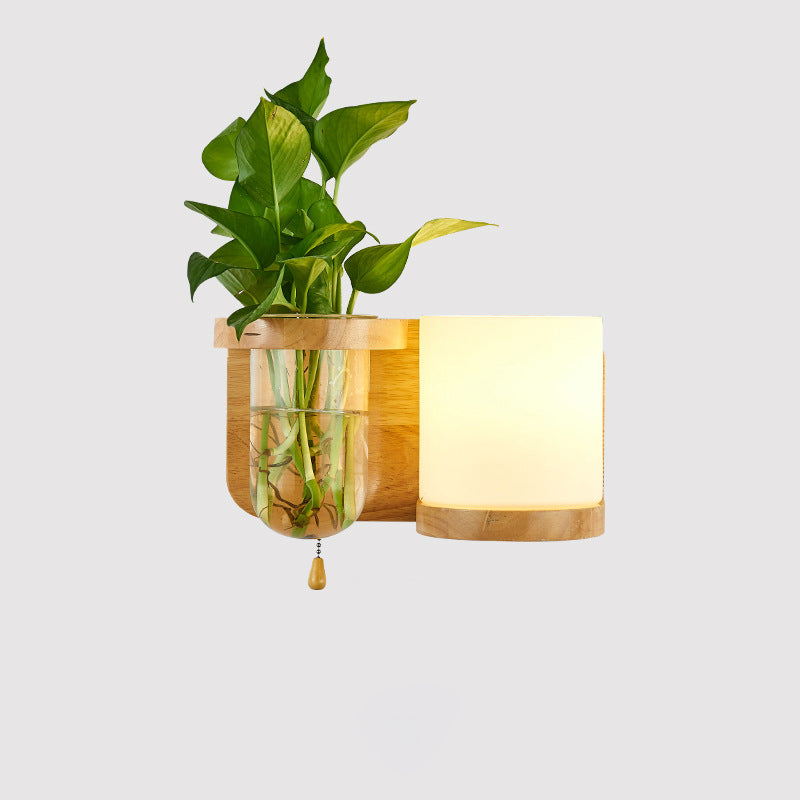 Modern Minimalist Rectangular Cylinder Orb Glass Wood 1-Light Wall Sconce Lamp For Living Room