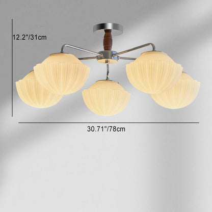 Traditional French Bowl Ribbed Iron Wood Glass 3/5/8 Light Semi-Flush Mount Ceiling Light For Living Room