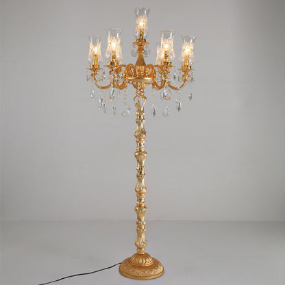 European Luxury Golden Crystal Zinc Alloy Candle Holder 7-Light Standing Floor Lamp