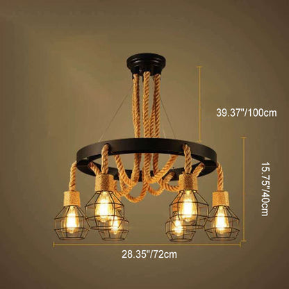 Traditional Rustic Hemp Rope Weaving Iron Cage 6/8-Light Chandelier For Dining Room