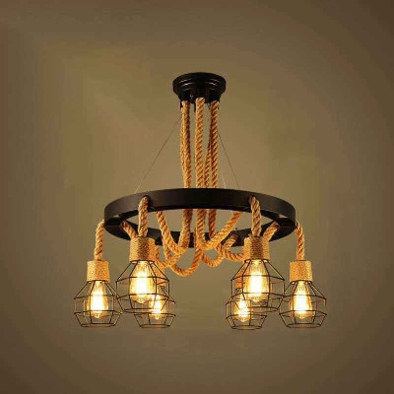 Traditional Rustic Hemp Rope Weaving Iron Cage 6/8-Light Chandelier For Dining Room
