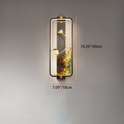 Traditional Chinese Lotus Enamel Copper Rectangular Frame LED Wall Sconce Lamp For Bedroom
