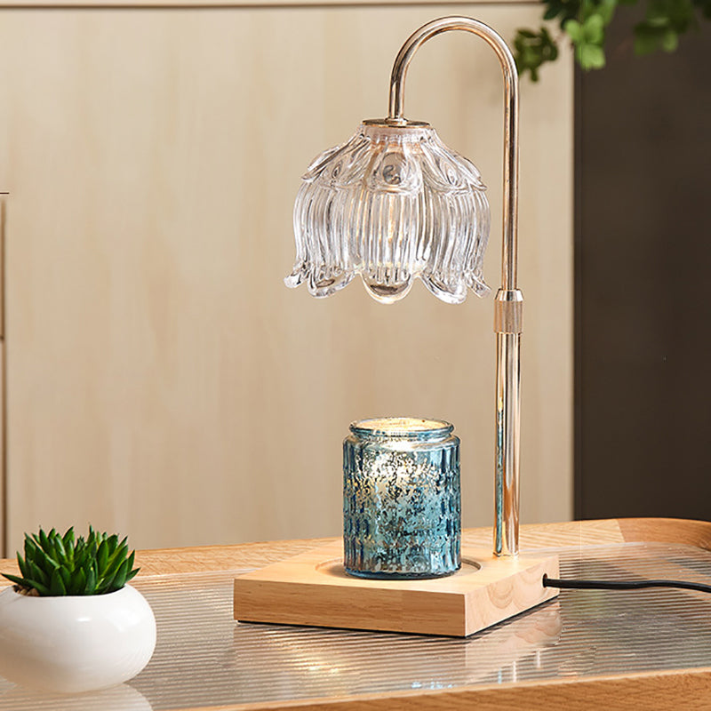 Modern Art Deco Floral Glass Metal Wood 1-Light Melting Wax Table Lamp For Bedroom