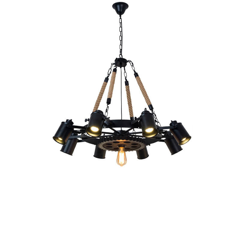 Industrial Retro Gear Wrought Ion Hemp Rope 6/8/10-Light Chandelier