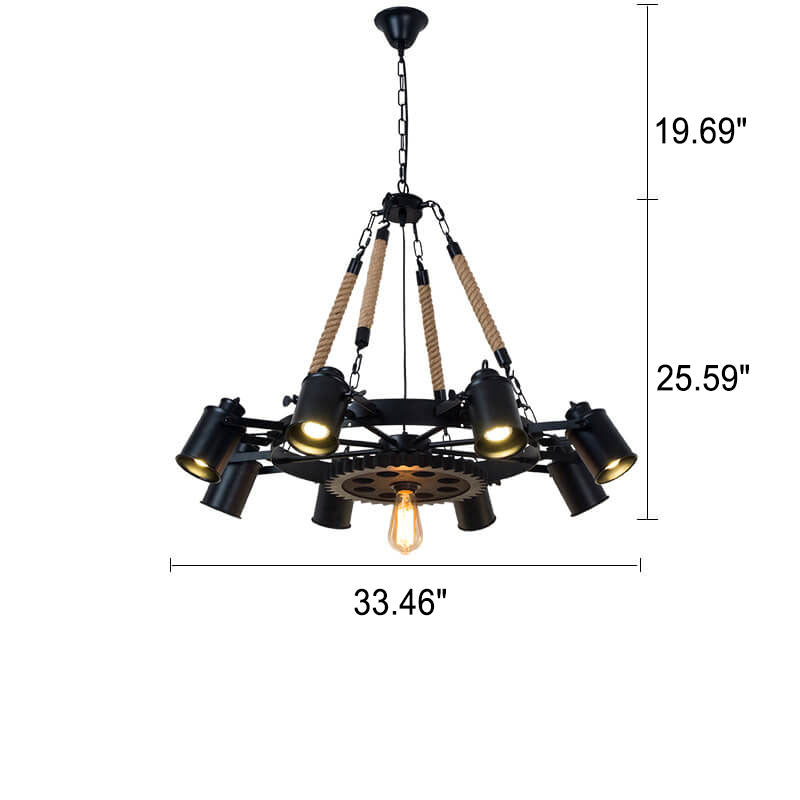 Industrial Retro Gear Wrought Ion Hemp Rope 6/8/10-Light Chandelier