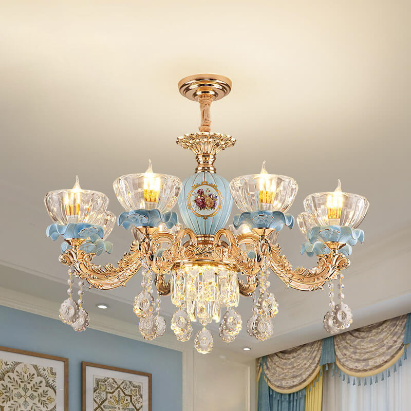 Traditional European Flower Candelabra Zinc Alloy Crystal Glass Ceramic 6/8/10/12 Light Chandelier For Living Room