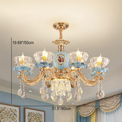 Traditional European Flower Candelabra Zinc Alloy Crystal Glass Ceramic 6/8/10/12 Light Chandelier For Living Room