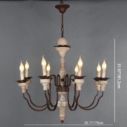 Traditional Rustic Curved Rod Candelabra Wooden Iron 6/8 Light Chandelier For Living Room
