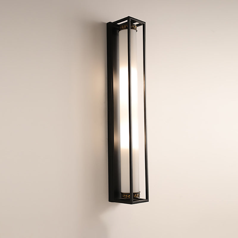 Traditional Chinese Iron Glass Rectangular Cylinder 2-Light Wall Sconce Lamp For Living Room