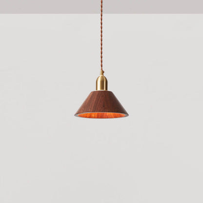 Japanese Vintage Walnut Geometric Round Cone Brass 1-Light Pendant Light