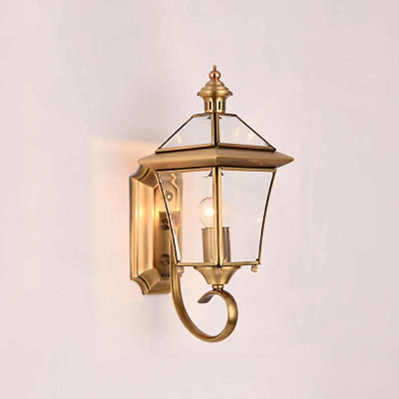 European Modern Luxury Quadrilateral Brass Glass Waterproof 1-Light Outdoor Wall Sconce Lamp