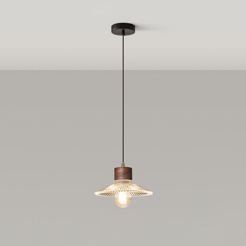 Traditional Chinese Iron Walnut Glass Conic Umbrella-Shaped 1-Light Pendant Light For Dining Room