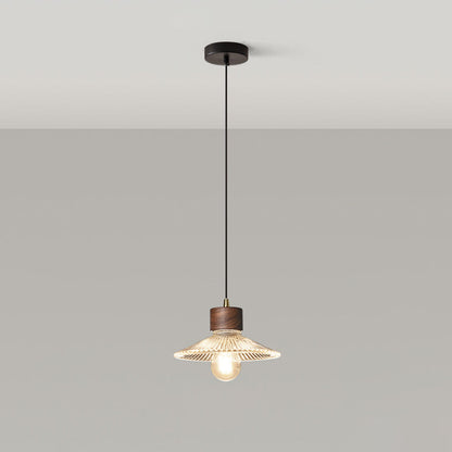 Traditional Chinese Iron Walnut Glass Conic Umbrella-Shaped 1-Light Pendant Light For Dining Room