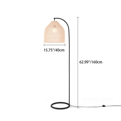 Contemporary Boho Rattan Weaving Cage Iron Frame 1-Light Standing Floor Lamp For Home Office