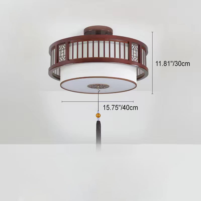 Traditional Chinese Solid Wooden Fabric Lantern Shade 1/3-Light Chandelier For Living Room