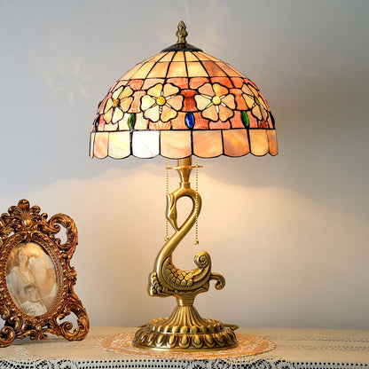 Tiffany Vintage Floral Stained Glass Swan 2-Light Table Lamp