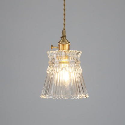 Traditional Japanese Brass Walnut Glass Ceramic Cylinder Conic Flower Bowl 1-Light Pendant Light For Dining Room