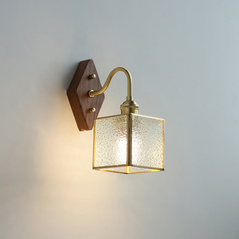 Traditional Vintage Square Copper Glass Wood 1-Light Wall Sconce Lamp For Bedroom