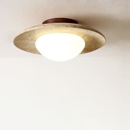 Traditional Vintage Round Travertine 1-Light Flush Mount Ceiling Light For Hallway