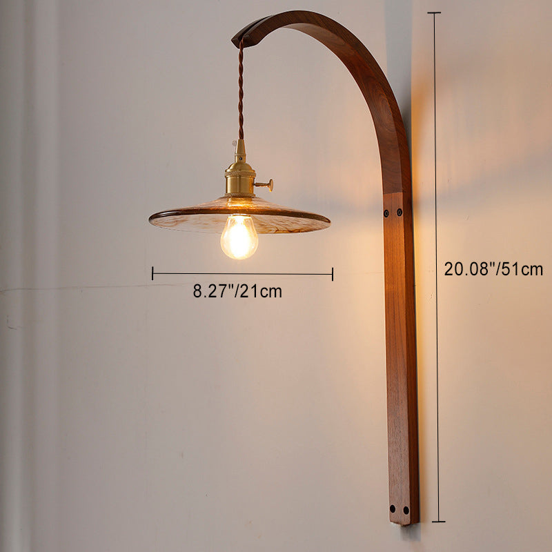 Traditional Japanese Round Ceramic Glass Shade Wood Curved Pole 1-Light Wall Sconce Lamp For Living Room