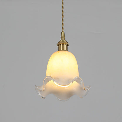 Modern Minimalist Flower Shaped All Brass Glass 1-Light Pendant Light For Bedroom