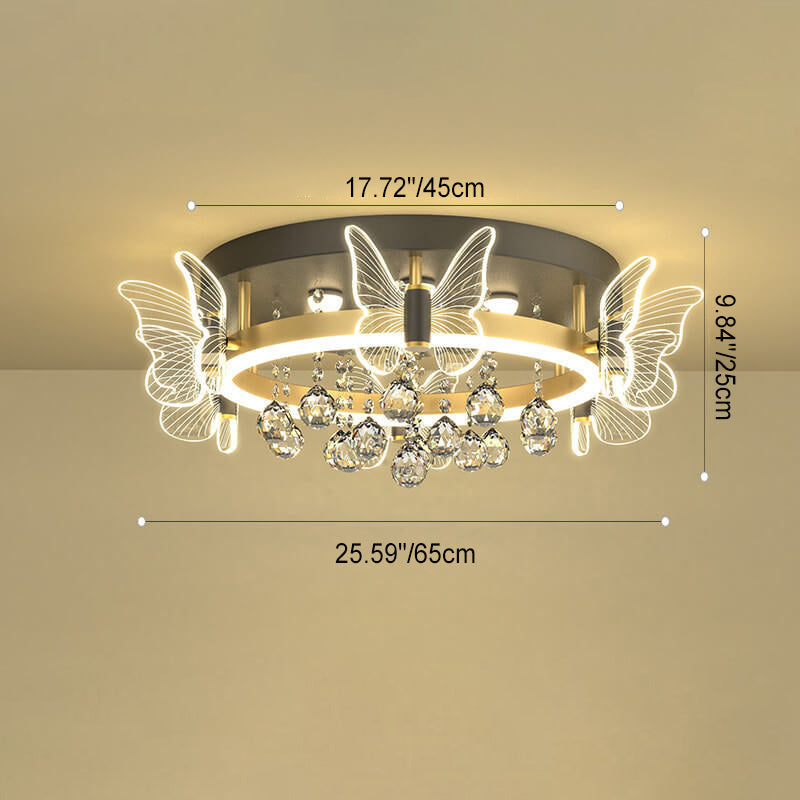Modern Luxury Radiant Crystal Strings Butterfly Embellishment Round Shade LED Flush Mount Ceiling Light For Living Room