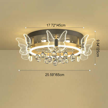 Modern Luxury Radiant Crystal Strings Butterfly Embellishment Round Shade LED Flush Mount Ceiling Light For Living Room