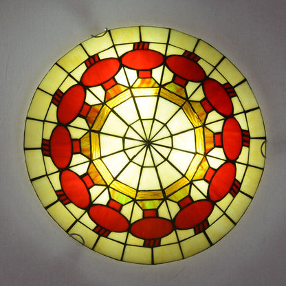 European Stained Glass Tiffany Round Various Pattern Designs 2/3 Light Flush Mount Light