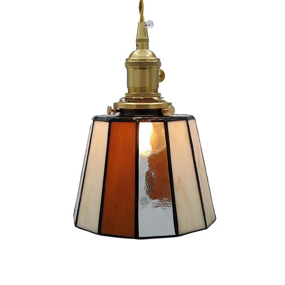 Traditional Vintage Brass Glass Cylinder Quadripartite Horn Lattice 1-Light Pendant Light For Dining Room
