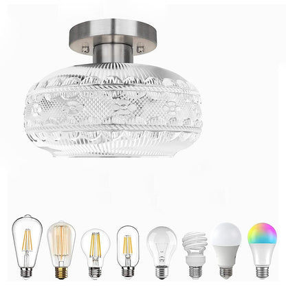 Contemporary Industrial Textured Glass Lantern 1-Light Semi-Flush Mount Ceiling Light For Living Room