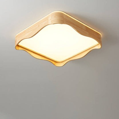 Modern Minimal Wave Rectangular Rubberwood Acrylic LED Flush Mount Lighting