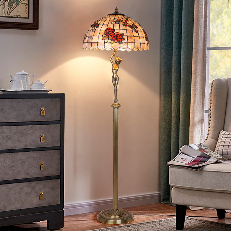 Traditional Tiffany Brass Shell Dome Rose Dragonfly 3-Light Standing Floor Lamp For Living Room
