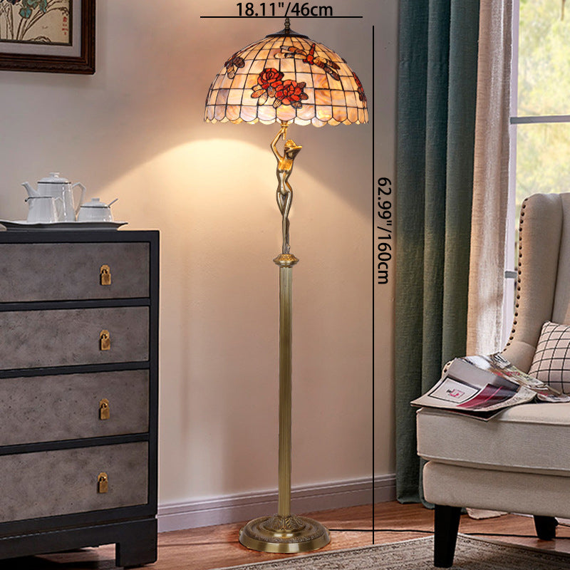 Traditional Tiffany Brass Shell Dome Rose Dragonfly 3-Light Standing Floor Lamp For Living Room
