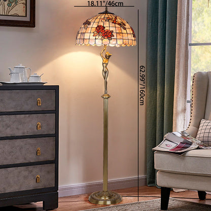 Traditional Tiffany Brass Shell Dome Rose Dragonfly 3-Light Standing Floor Lamp For Living Room