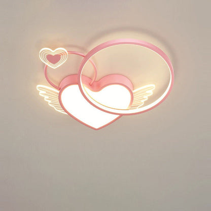 Modern Art Deco Heart Wings Round Acrylic Iron LED Flush Mount Ceiling Light For Bedroom