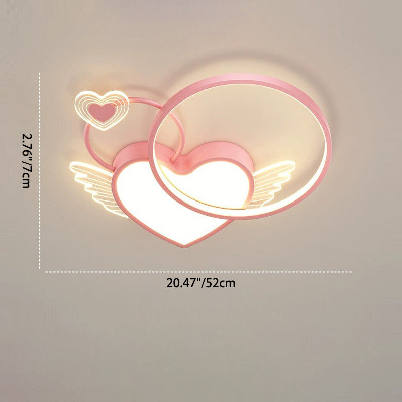 Modern Art Deco Heart Wings Round Acrylic Iron LED Flush Mount Ceiling Light For Bedroom