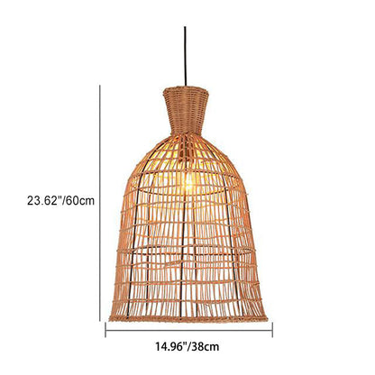 Traditional Japanese Round Bell Rattan Mesh Shade 1-Light Pendant Light For Living Room