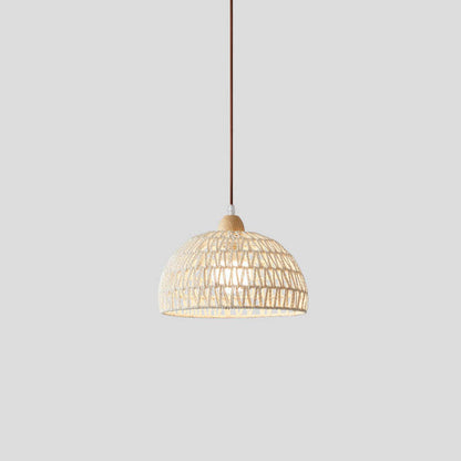 Contemporary Boho Wood Rattan Weaving Dome 1-Light Pendant Light For Dining Room