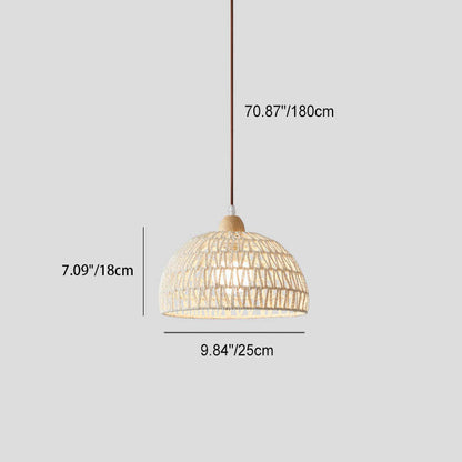 Contemporary Boho Wood Rattan Weaving Dome 1-Light Pendant Light For Dining Room