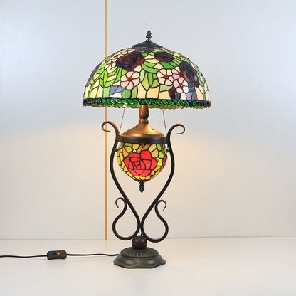 Tiffany European Vintage Floral Stained Glass Round Pot 3-Light Table Lamp
