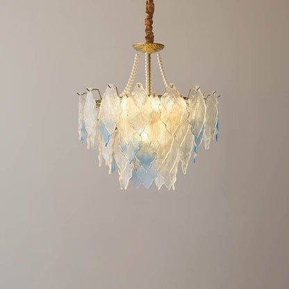 Traditional French Round Tree Leaf Blade Pearl Iron Copper Glass 3/6/9/12 Light Chandelier For Living Room