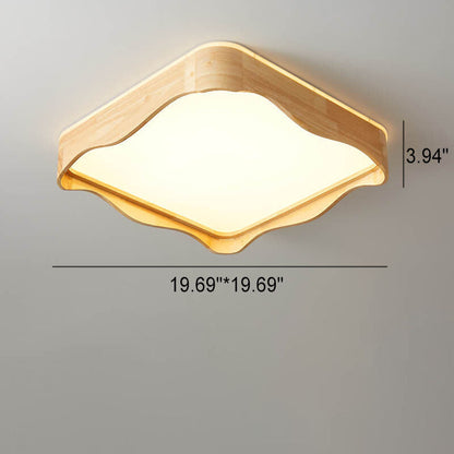 Japanese Original Wood Square Ripple Design LED Flush Mount Ceiling Light