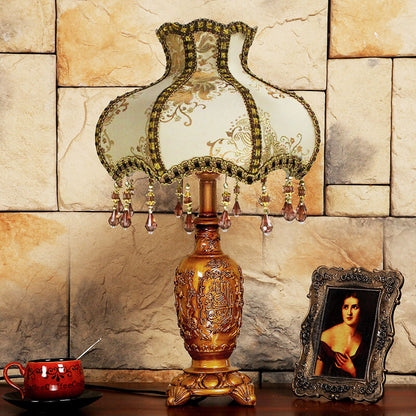 Traditional European Vintage Floral Texture Fabric Pleated Resin Base 1-Light Table Lamp For Home Office