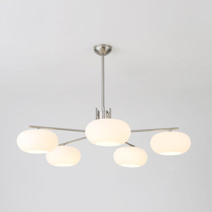 French Minimalist White Dome Glass Shade  5-Light Chandelier