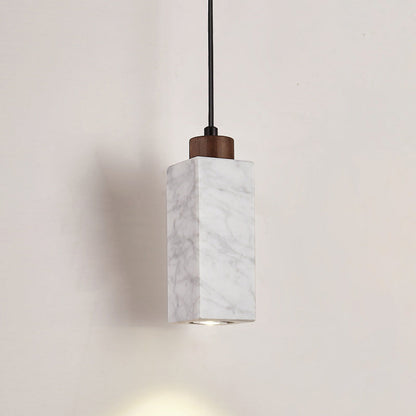 Modern Minimalist Rectangular Solid Wood Marble 1-Light Pendant Light For Bedroom